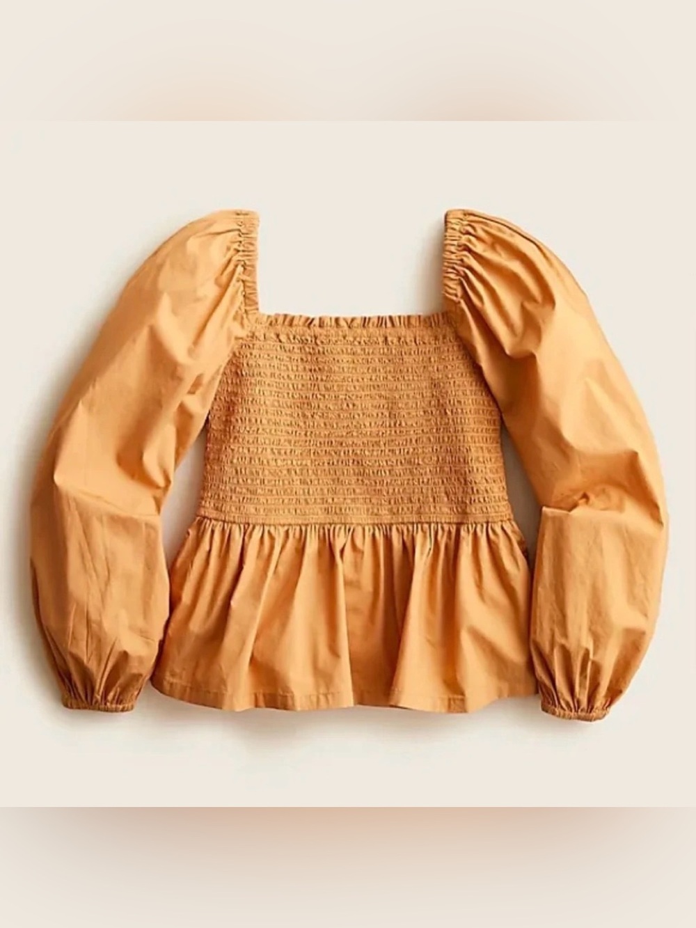J.Crew 100% Cotton Smocked Puff Sleeve Peplum Top Tan Brown Square Neck